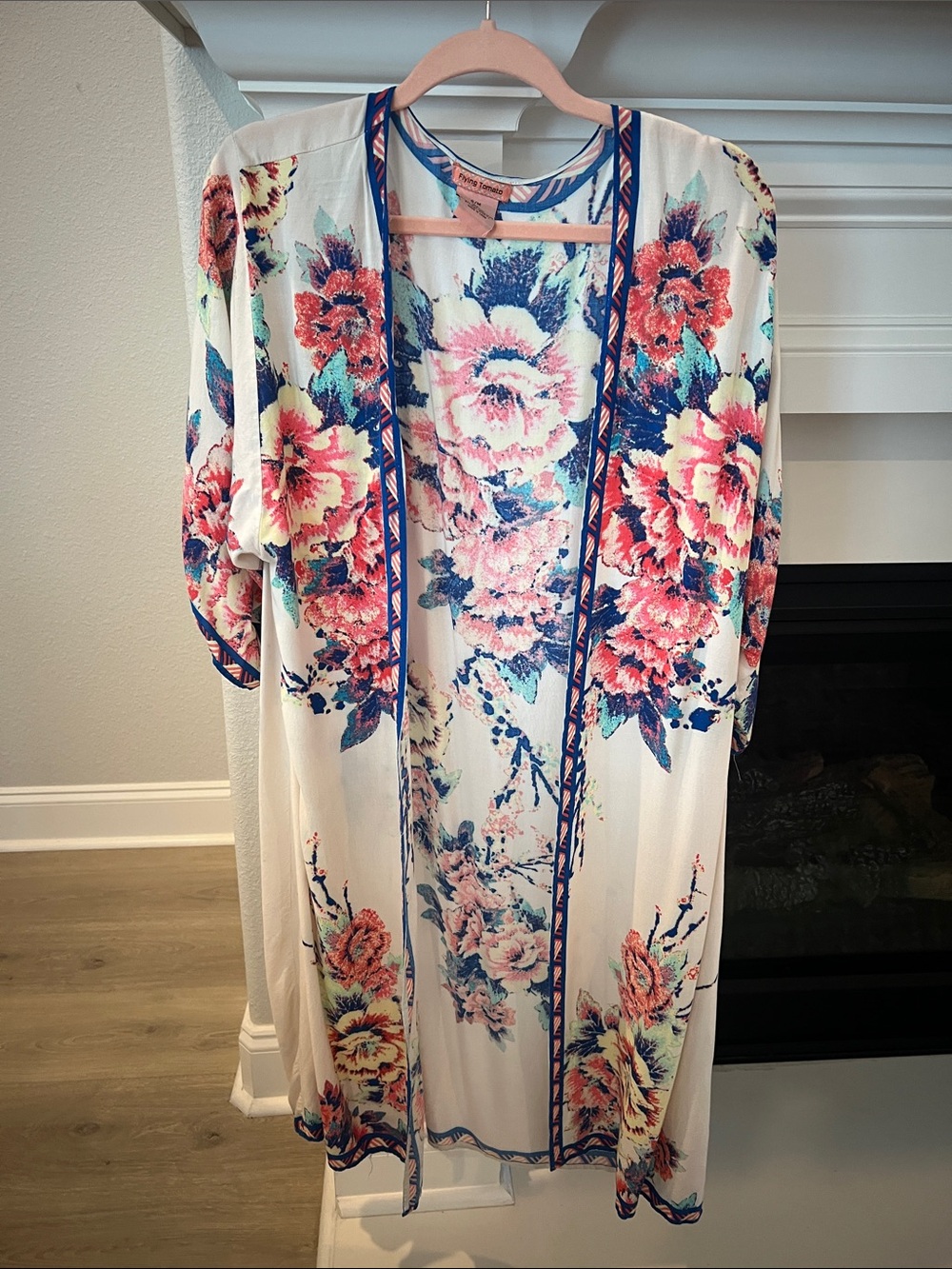 Flying Tomato White Open-Front Long Sleeve Dress with Pink & Blue Floral
